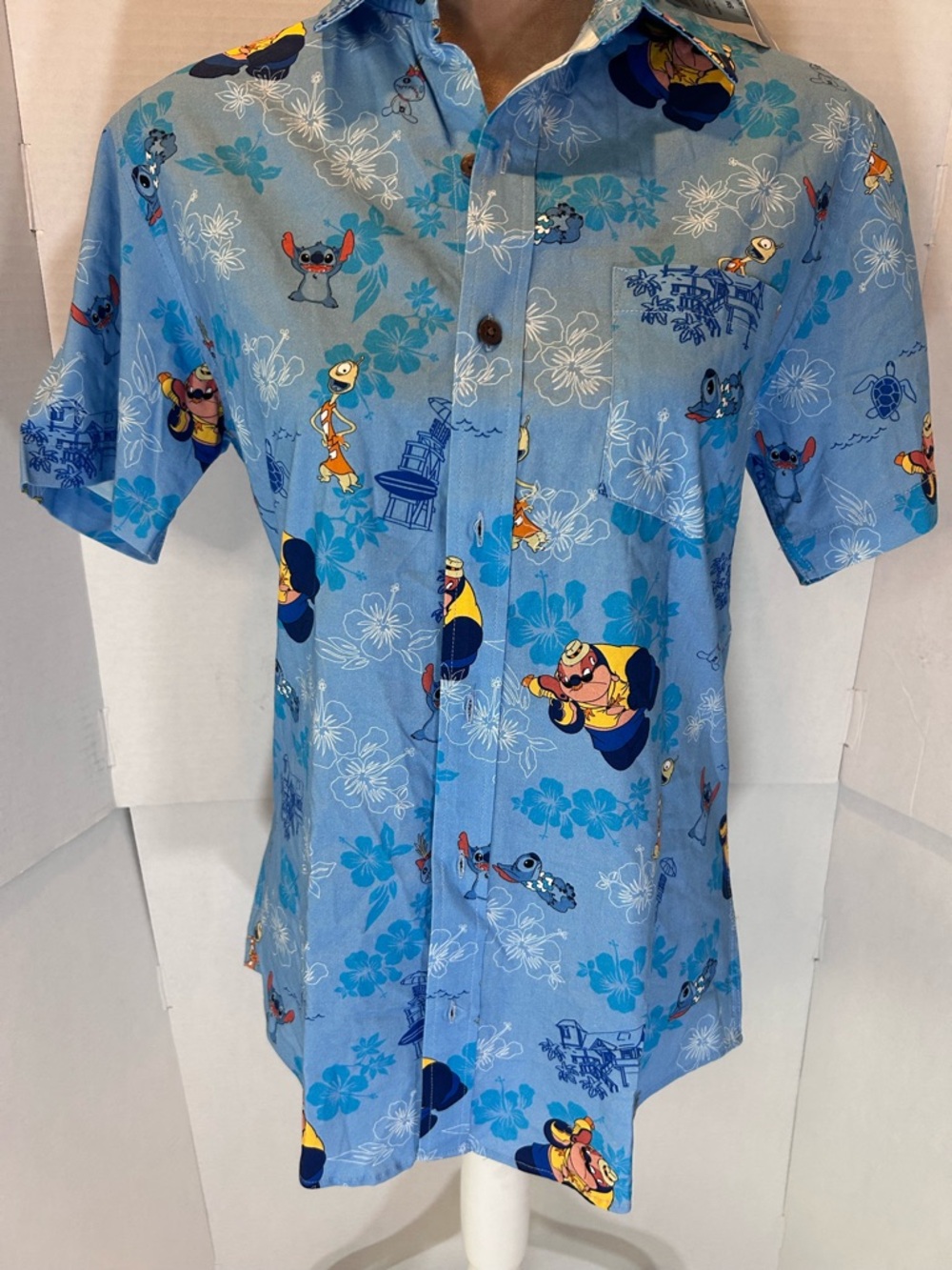 Disney Light Blue Stitch & Character Hawaiian Button-Down Shirt
